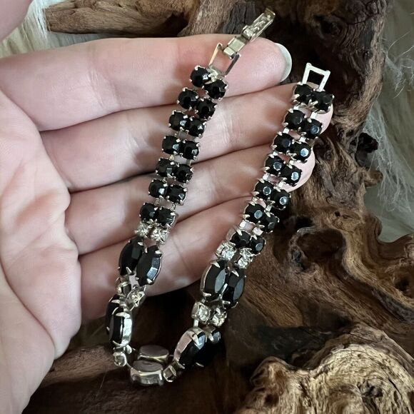 Vintage Kramer Signed Tennis Bracelet 7" Double Row Black Marquise + Rhinestones - Picture 11 of 14